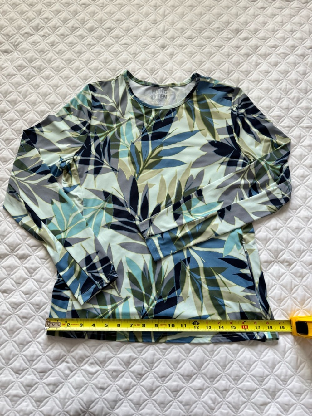 Hang Ten Long Sleeve Leaf Print Sun Protect Rash Guard Swim Top Blue Green Sz M - Picture 9 of 15